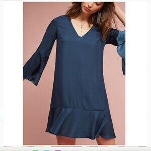 Maeve Anthropologie Navy Teal shift dress Ruffled Bell Long Sleeve Dress XS